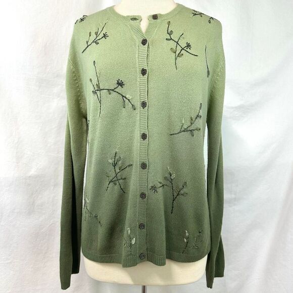 NAPA VALLEY Green Ombre Floral Embellished Knit Cardigan Women's M Cottage Soft - Picture 1 of 7